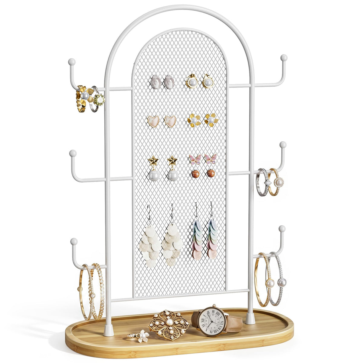bussdis Jewelry Holder Organizer Earring Display - Earring Storage Tree Stands Towers With 6 Hooks 300 Studs Wood Tray Black Metal Rack