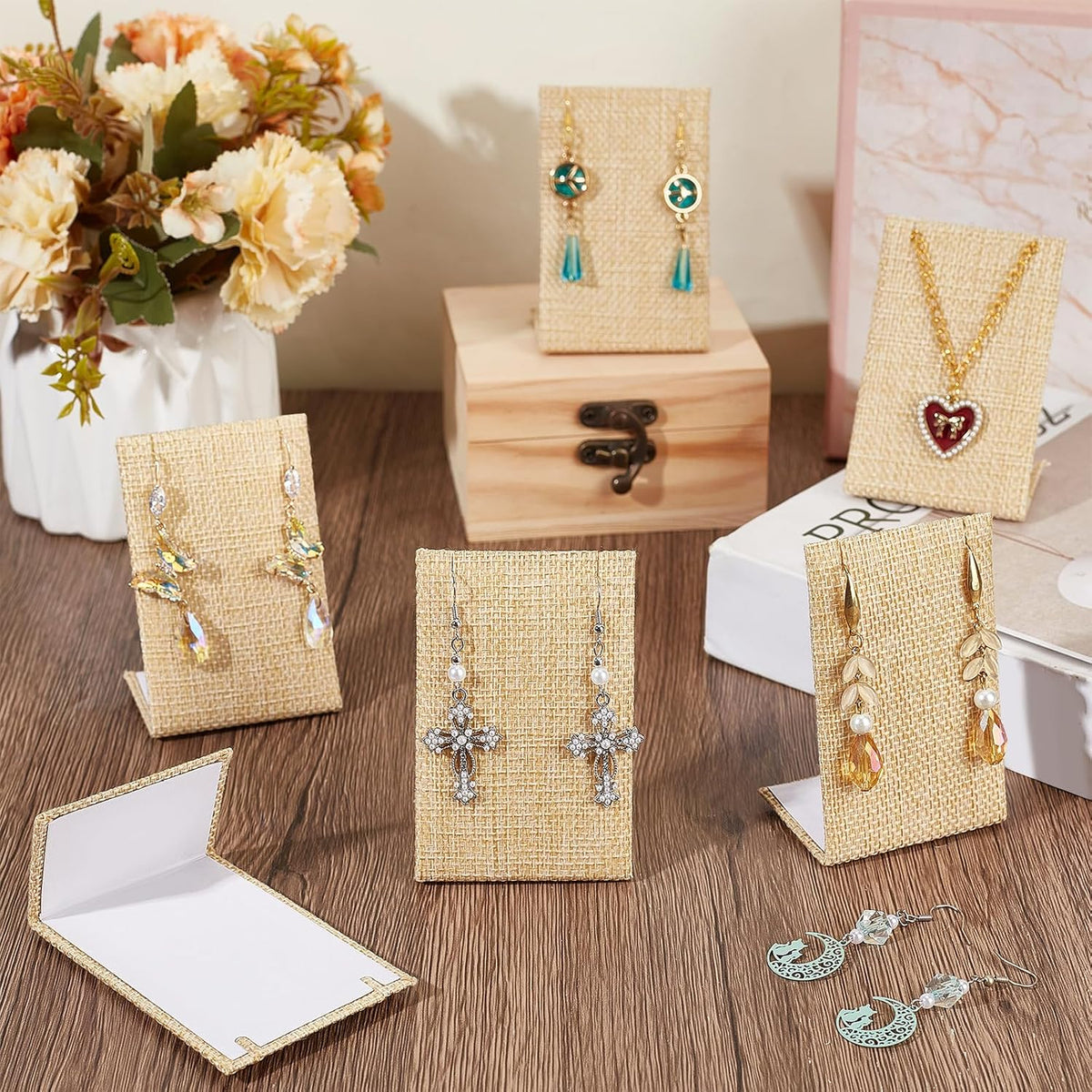12PCS Earring Display Set Linen Earring Display Stand L-Shape Jewelry Organizer Earrings Organizer for Jewelry Dangling Slant Back Display Props Show 1.4 x 2.2 x 3 inch
