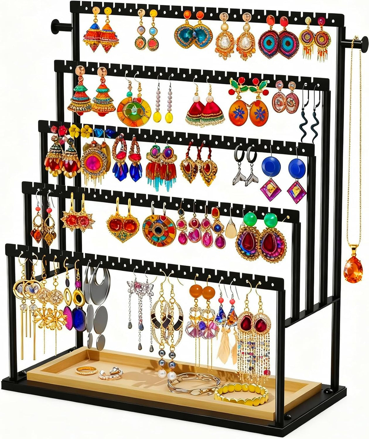 Earring Holder Organizer, 5-Tier Jewelry Display Stand with Matte Black Metal Frame and Wooden Tray, Large Earring Holder for Studs, Hoops, Dangles, Modern Jewelry Organizer for Women