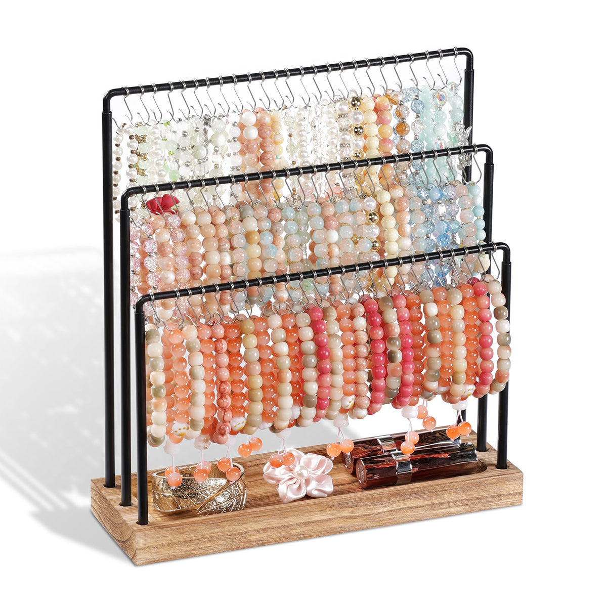 Bracelet Holder Stand, 100 Hooks Wood & Metal Holder with Dust-Proof Bags, 3 Tier Display for Bracelets Necklaces Rings Earrings Scrunchies (White)