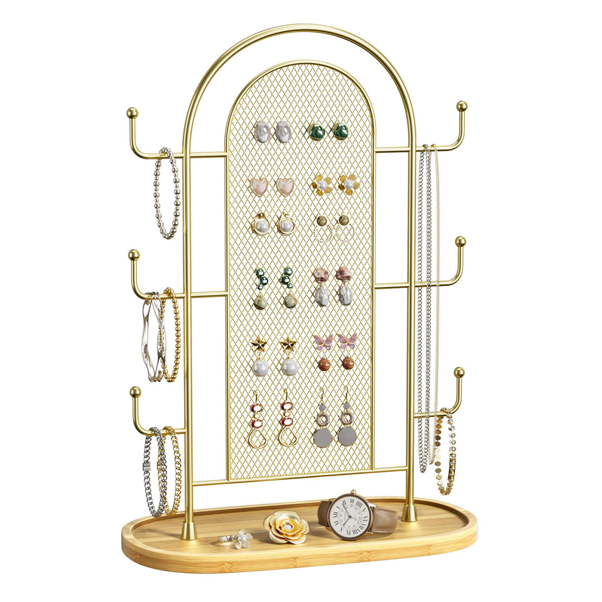 bussdis Jewelry Holder Organizer Earring Display - Earring Storage Tree Stands Towers With 6 Hooks 300 Studs Wood Tray Black Metal Rack
