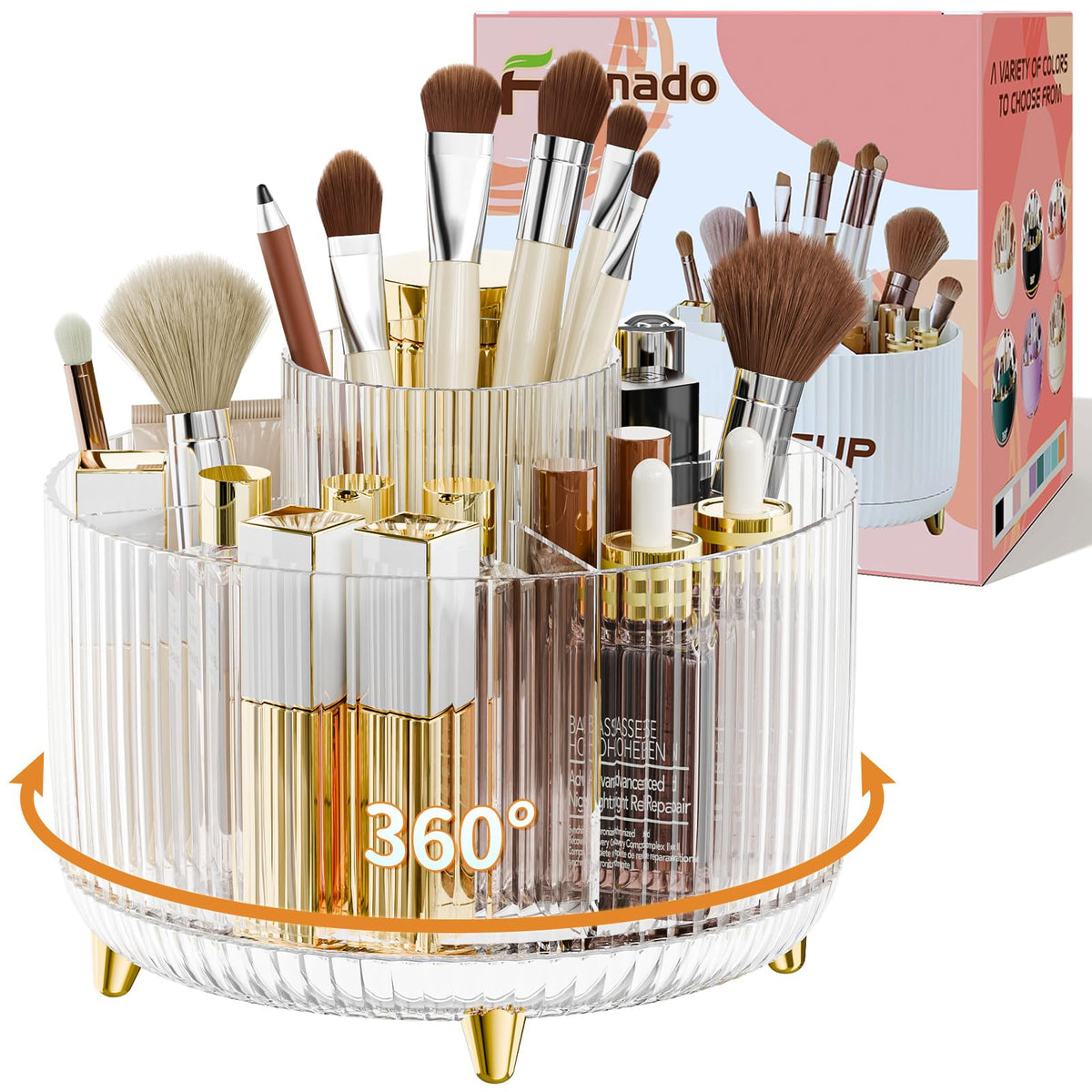 fanado 360° Rotate Makeup Brush Holder Organizer, Makeup Organizers Countertop, Makeup organization and Skincare Storage for Vanity, Desktop, Bathroom (Clear Amber)