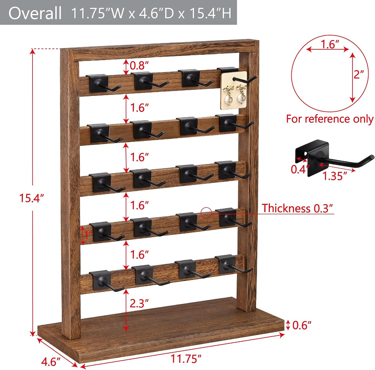 Ikee Design 5 Tiers Free Assemble Wooden Jewelry Display Rack with 20 Removable Metal Hooks,Earring Card Display Stand,Jewelry Organizer,Bracelet Organizer,Keychain Display Stand,Brown Color