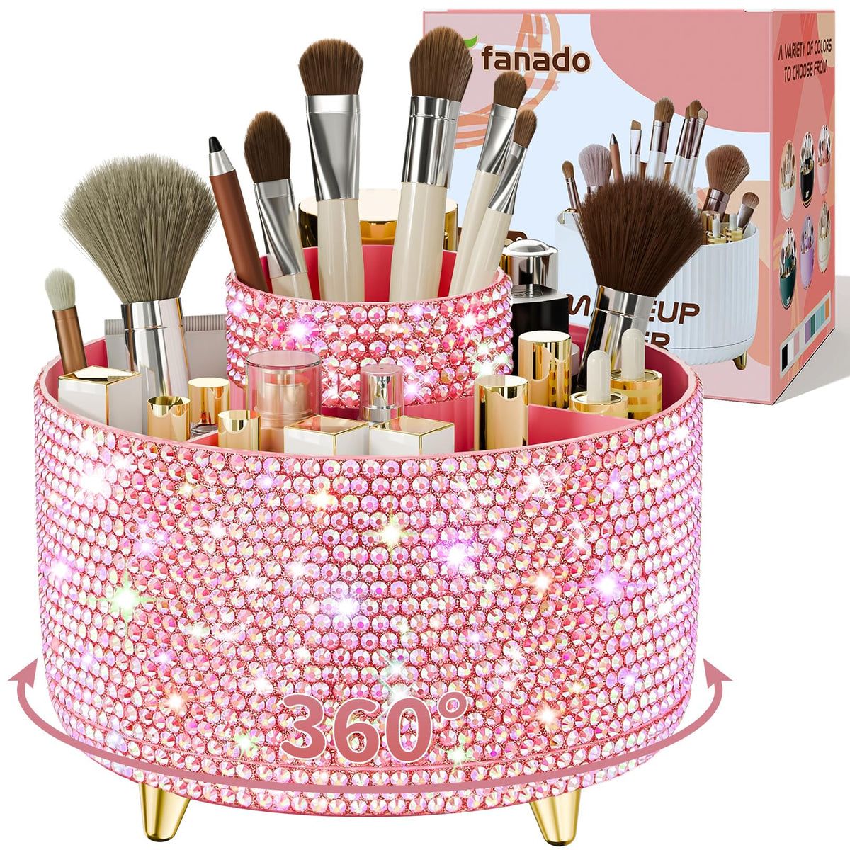 Clear Rotating Makeup Organizer Countertop for Vanity, 360° Makeup Brush Holder Organizer with 5 Compartments, Transparent Cosmetic Storage for Lipstick, Skincare, Bathroom Counter (Transparent Pink)