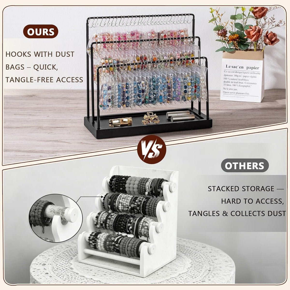 Bracelet Holder Stand, 100 Hooks Wood & Metal Holder with Dust-Proof Bags, 3 Tier Display for Bracelets Necklaces Rings Earrings Scrunchies (White)