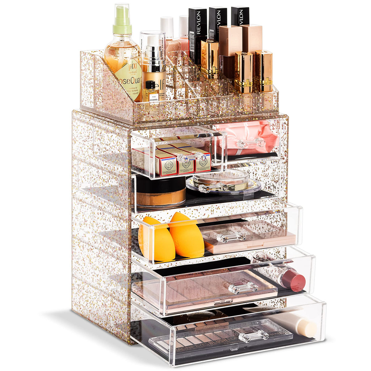 Sorbus Makeup Organizer, 6-Drawer Acrylic 2-Piece Set (Marble Print)