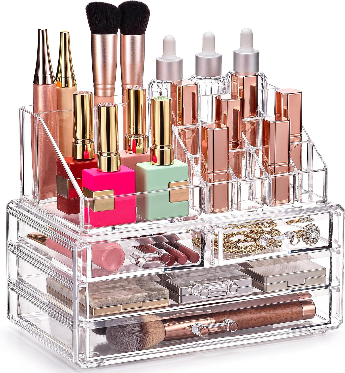 Masirs Clear Makeup Organizer with 4 Drawers 16 Compartments, Countertop