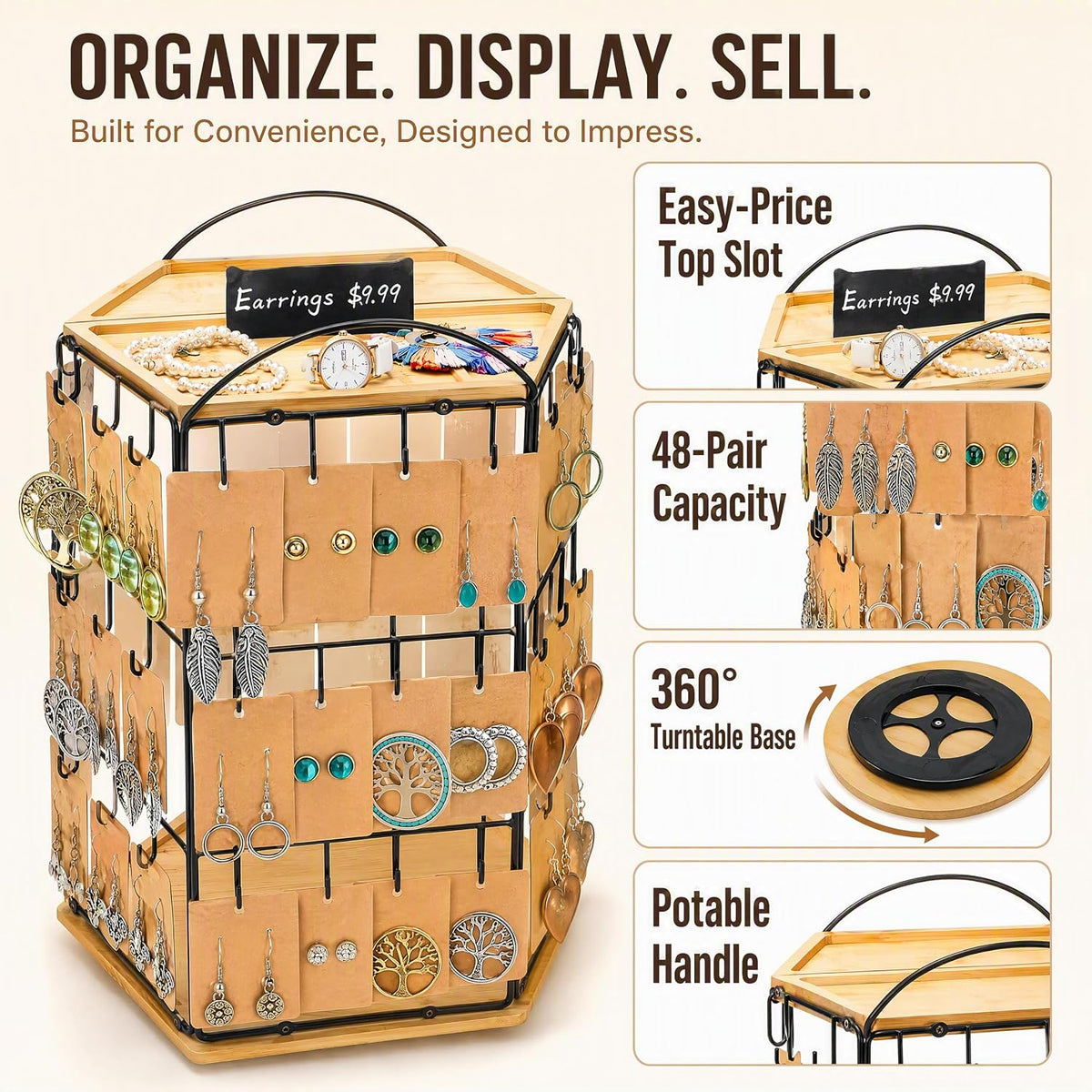 Rotating Earring Display Stand for Vendors, 48 Hooks Hexagon Bamboo Jewelry Holder, Large Capacity Jewelry Storage Showing Rack for Selling, Store, Home, Necklace Bracelet Keychain, 3 Tiers