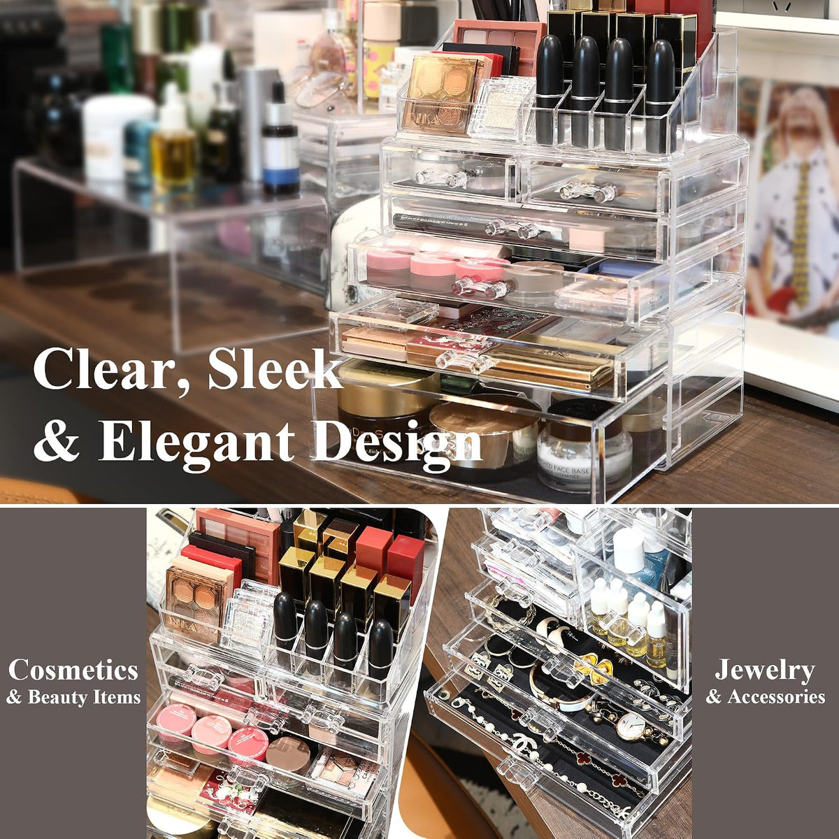 Sea Team 3-Tier Stackable Clear Acrylic Makeup Organizer with Drawers