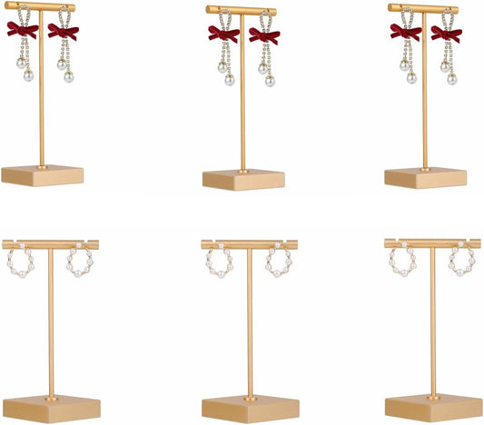 6pcs Gold Earring display T bar stand for selling, Metal Jewelry earring holder, Small Earring Display Holder, Cute Jewelry photography props for Show【Gold-Square Base 6pcs】