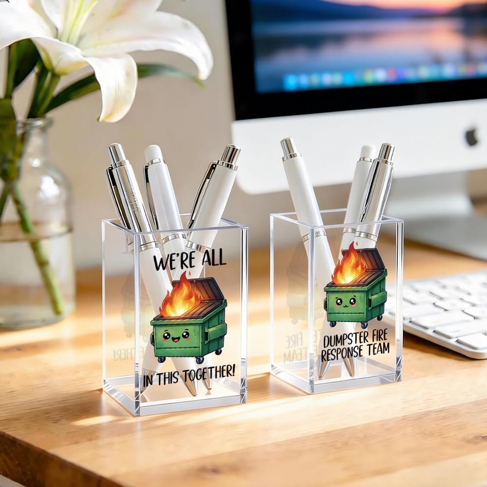 We're All In This Together Cute Office Pen Holder for Desk, Funny Dumpster Fire Response Team 2 Pack Acrylic Cosmetic Pencil Pen Post it Holder Cup, Office Gifts for Coworker, Team Gifts