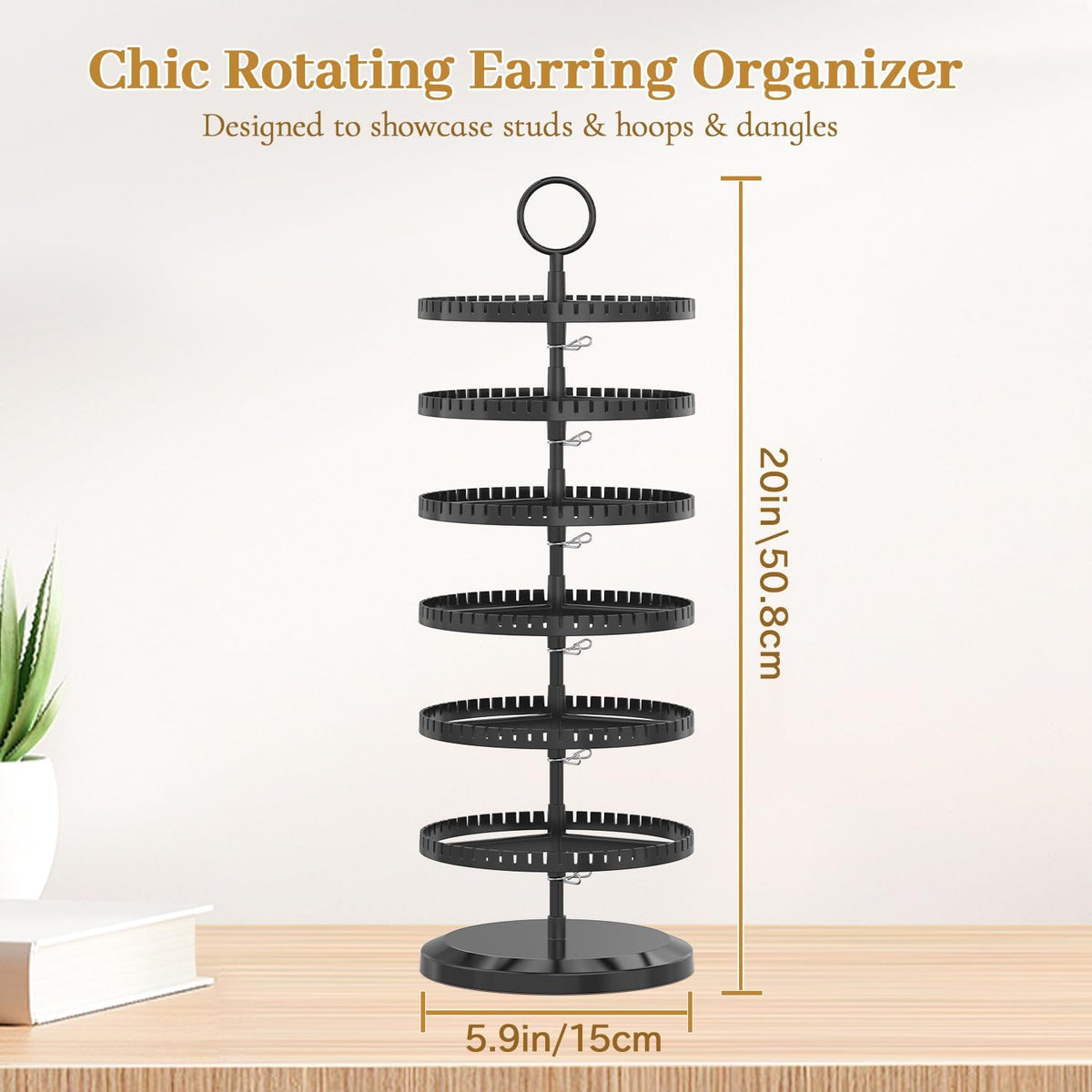 MODOWEY Rotating Earring Holder Organizer Adjustable Display, 6 Tiers Black
