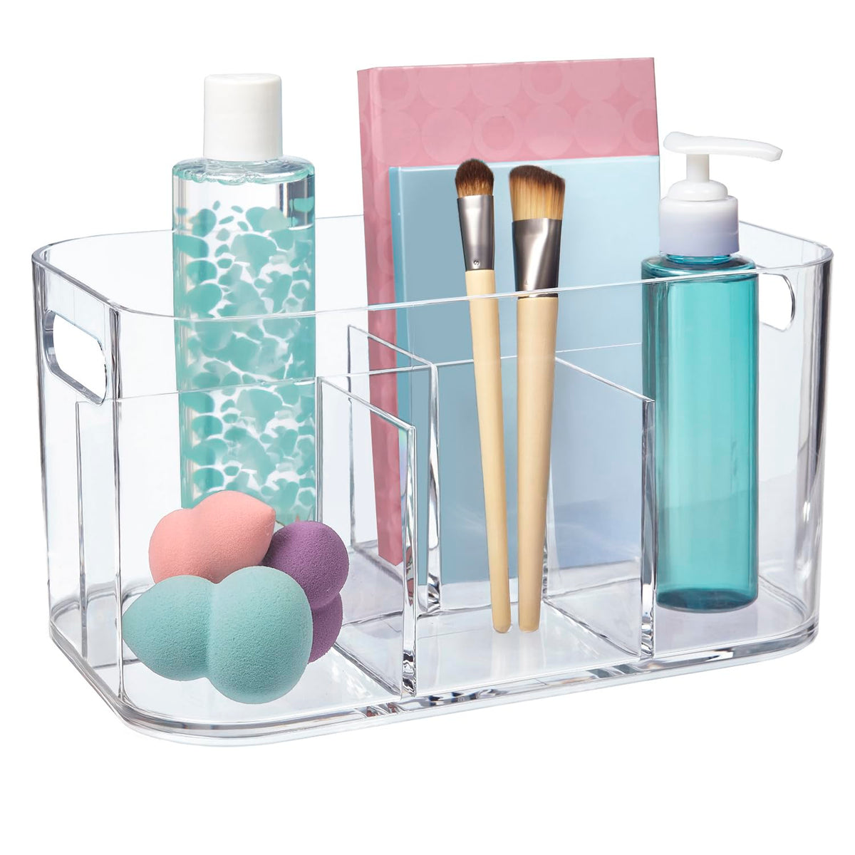 STORi Bliss 5-Compartment Plastic Cosmetics Storage Organizer | Clear | Rectangular Divided Makeup Bin & Vanity Caddy with Pass-Through Handles | Round Corner Design | Made in USA