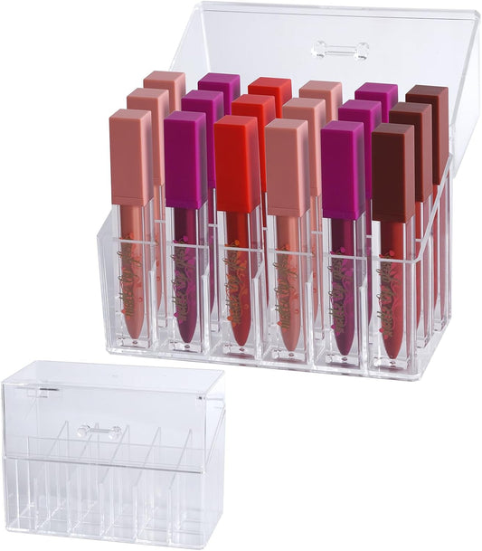 Acrylic Lipgloss Lip Gloss Holder Lip Balm Display & Rollerball Perfume Organizer for Compact Essential Oil Rollerball Perfume Holder, Makeup Brush 18 Slots Tubular Storage Display Cabinet With Cover