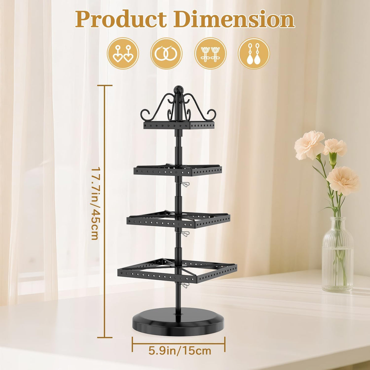 MODOWEY Rotating Earring Holder Organizer Stand Metal Display, 4 Tier Black