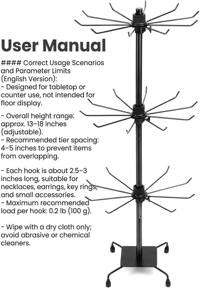 QWORK 3-Tier Rotating Metal Jewelry Display Stand – 2 Sets Adjustable Tabletop Holder for Necklace, Earring & Key Ring