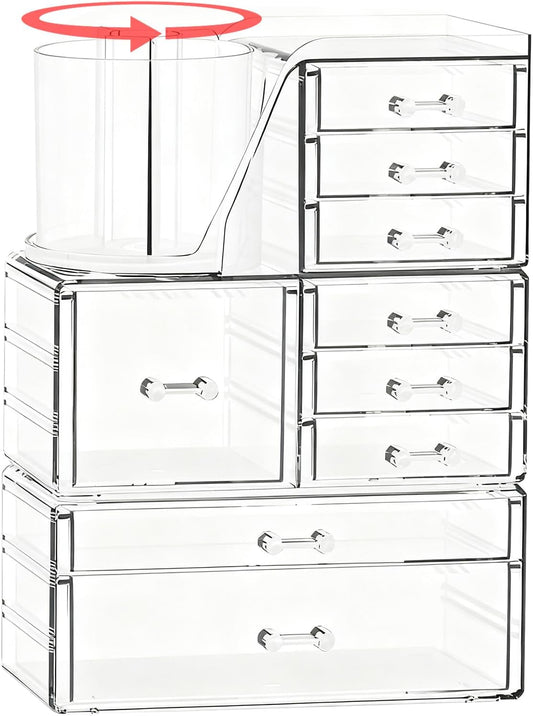 ShineMe Clear Makeup Organizer with 9 Drawers, 3 Tier Stackable Makeup Storage Organizer with Rotating Brush Holder, Acrylic Countertop Makeup Organizer for Vanity Skincare Jewelry Hair Accessories