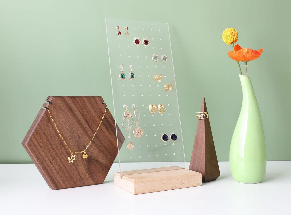 Beech earring display for selling jewelry, wooden earring holder for studs display, small jewelry studs display board for show【Wood stand with acrylic board-Beech】