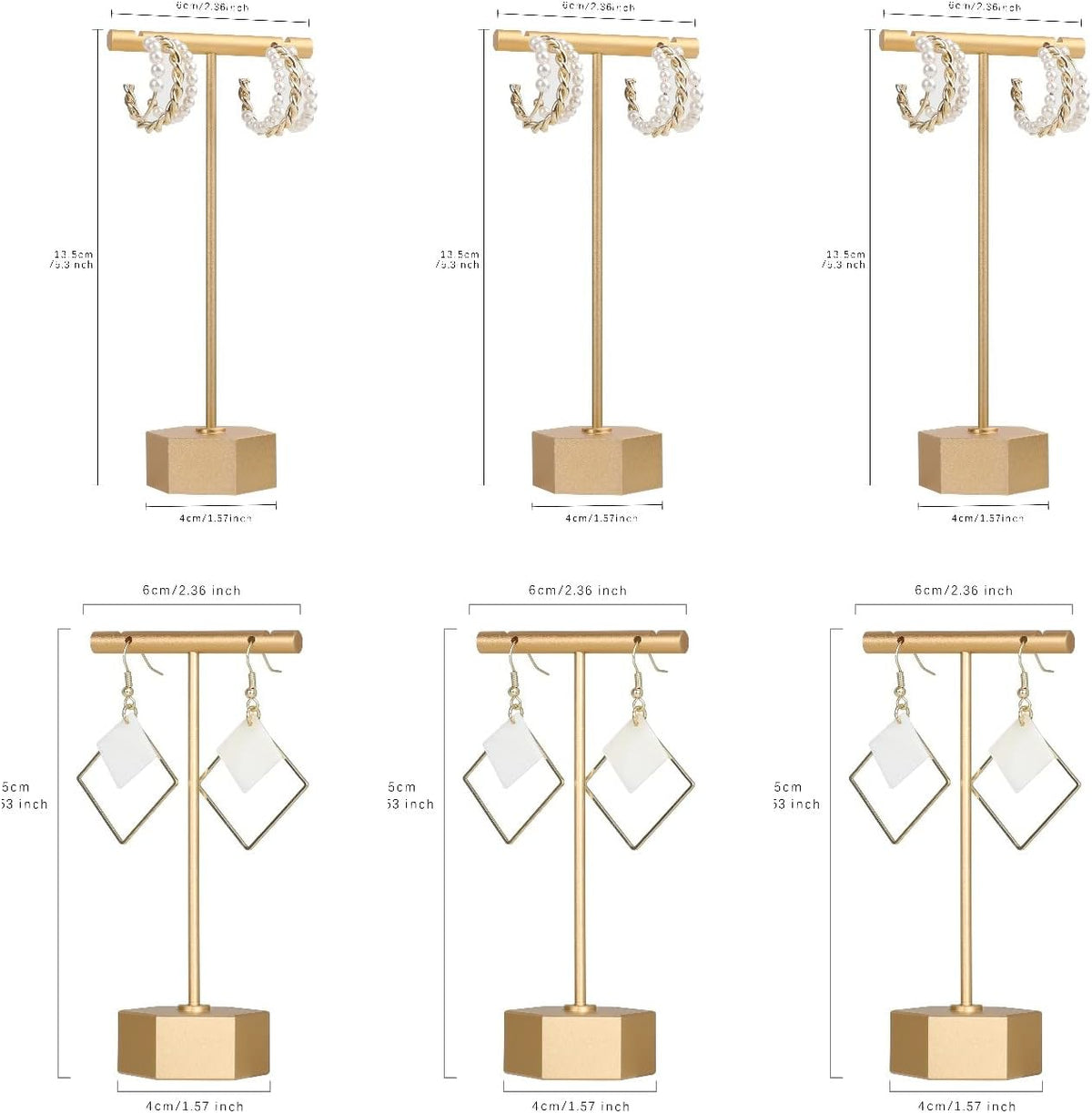 6pcs Gold Earring display T bar stand for selling, Metal Jewelry earring holder, Small Earring Display Holder, Cute Jewelry photography props for Show【Gold-Hexagon Base 6pcs】