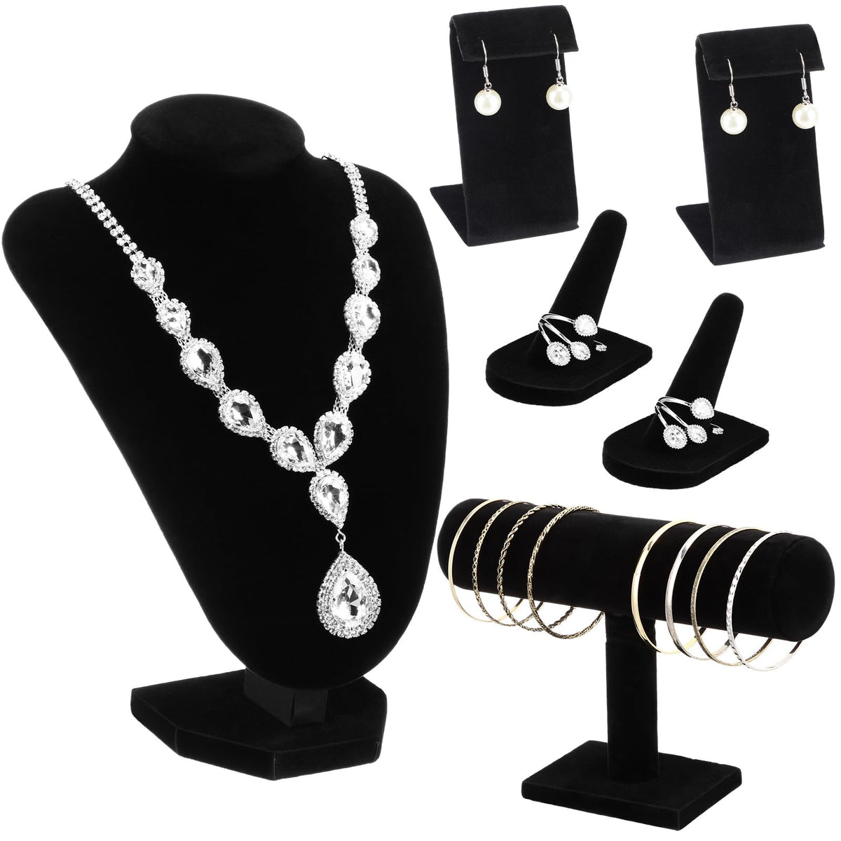 Wenqik Velvet Jewelry Display Set Necklace Mannequin Bust T-Bar Bracelet Holder 2 Earring Stands 2 Ring Holders for Showcase (White)