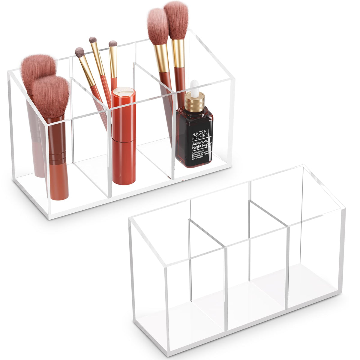 Acrylic 6-Compartment Makeup Organizer 2PCS, Transparent Plastic Makeup Brush Holder, Perfect Bathroom Vanity Storage Solution for Makeup Brushes, Eyebrow Pencils, and More