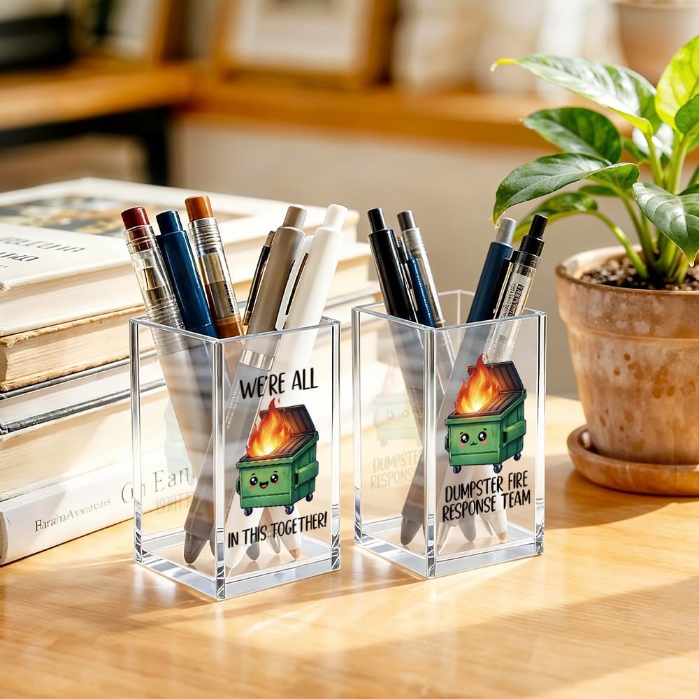 We're All In This Together Cute Office Pen Holder for Desk, Funny Dumpster Fire Response Team 2 Pack Acrylic Cosmetic Pencil Pen Post it Holder Cup, Office Gifts for Coworker, Team Gifts