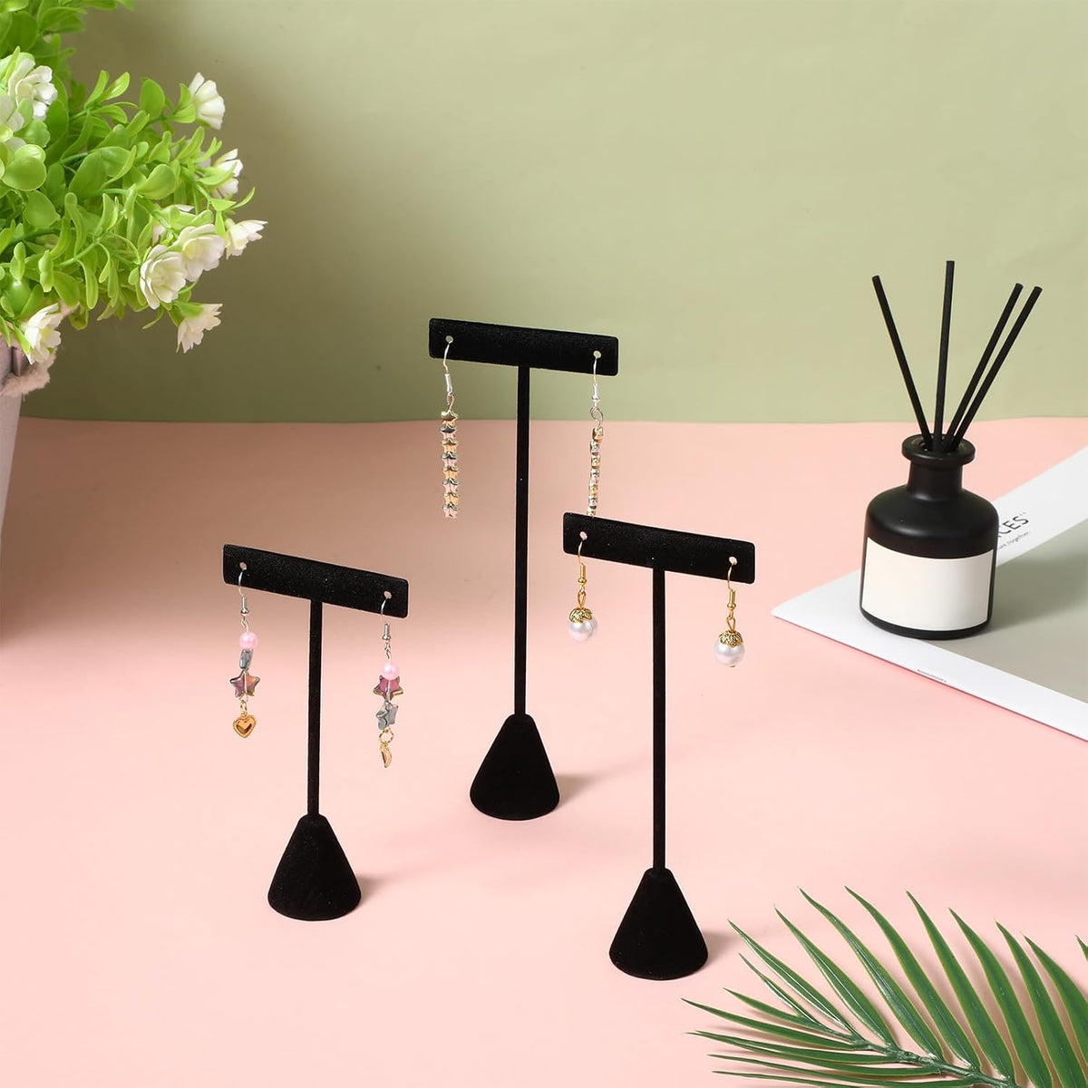 12 Pcs Black T-Bar Earring Display Stand with 3 different Heights, Metal Earring Holder with Stable Base and Velvet Cloth, for Countertop Selling Shows Stud Hoop