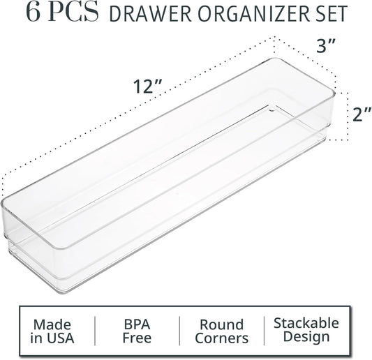 STORi SimpleSort 6-Piece Stackable Clear Drawer Organizer Set | 12" x 3" x 2" Rectangle Trays | Narrow Makeup Vanity Storage Bins and Office Desk Drawer Dividers | Made in USA