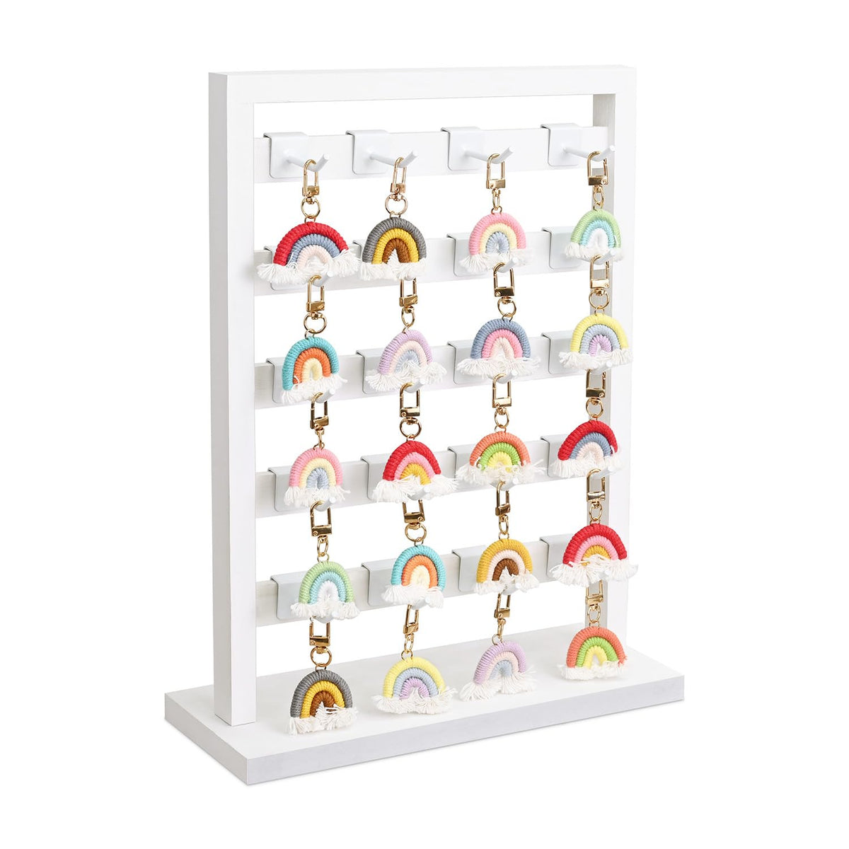 Ikee Design 5 Tiers Free Assemble Wooden Jewelry Display Rack with 20 Removable Metal Hooks,Earring Card Display Stand,Jewelry Organizer,Bracelet Organizer,Keychain Display Stand,Brown Color