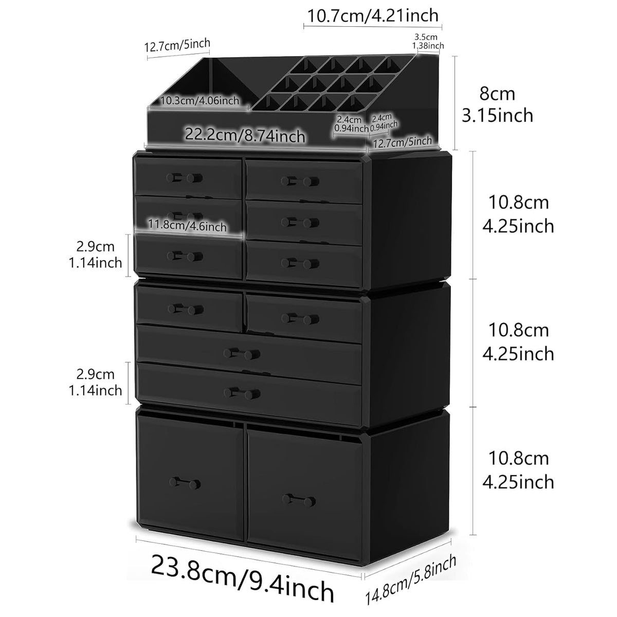 Readaeer Makeup Cosmetic Organizer Storage Drawers Display Boxes Case with 12 Drawers (Black)