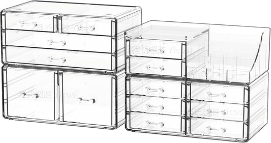 Cq acrylic Make Up Organizers for Vanity With 14 Drawers, 4 Pack Clear Drawer Organizers,Plastic Cute Desk Accessories Organization and Bathroom Organizers Storage Case Box Cube for Beauty,Skin Care