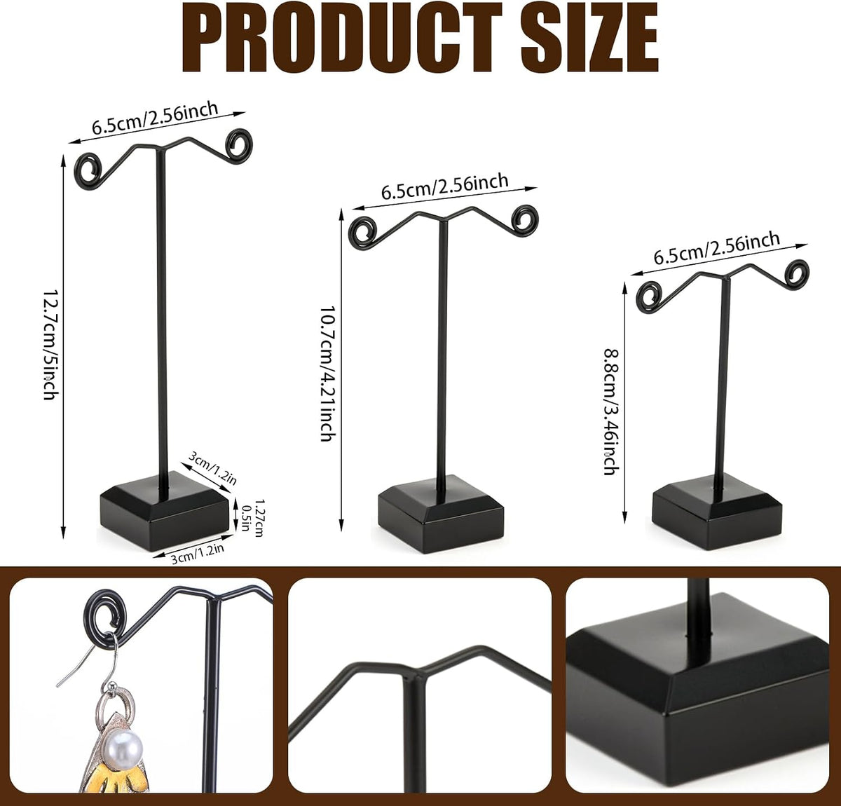 24 Pcs Metal Earring Holder, 3 Heights T-Bar Earring Display Stand with Plastic Base for Hoop & Stud Earrings, Black Jewelry Organizer for Retail Store, Trade Show, Craft Fair, and Home Use
