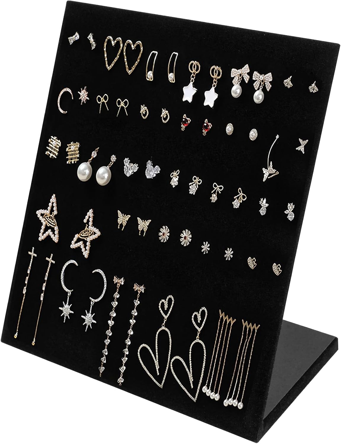 Velvet Earring Holder Organizer, 60 Holes L-Shape Earring Display Stand, Ear Studs Jewelry Storage Display Rack, Earring Organizer Stand for Selling Personal (Black, 9.8 x 7.9 Inches)