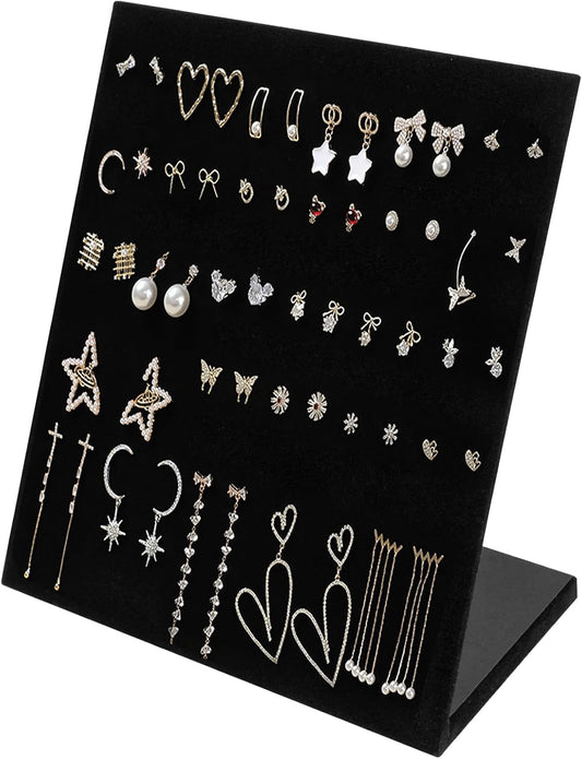 Velvet Earring Holder Organizer, 60 Holes L-Shape Earring Display Stand, Ear Studs Jewelry Storage Display Rack, Earring Organizer Stand for Selling Personal (Black, 9.8 x 7.9 Inches)