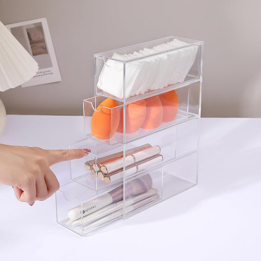 Acrylic Stackable Drawer Organizer with 4 Clear Drawers for Bathroom & Vanity Makeup Storage