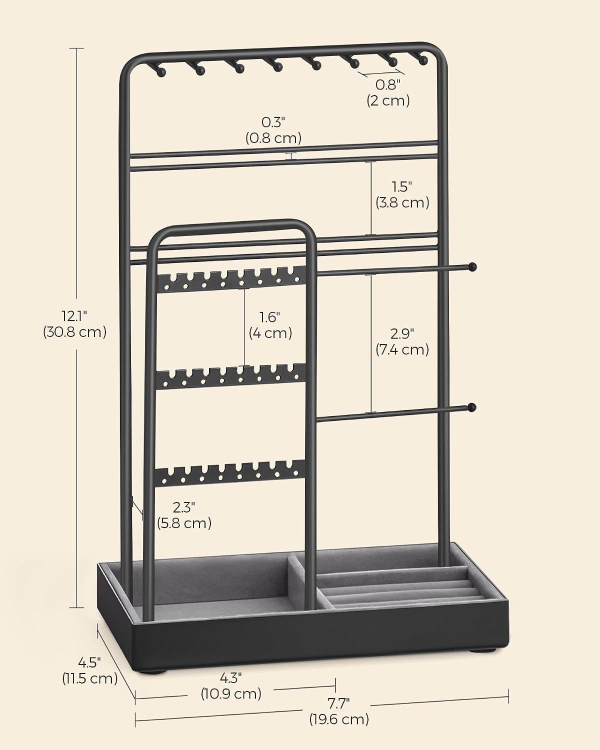 SONGMICS Jewelry Holder, Display Stand, Metal Frame, Velvet Tray