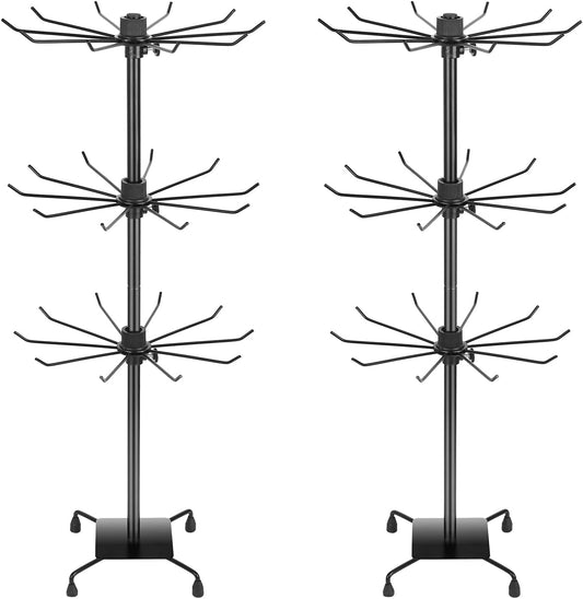 2 Pcs 3-Tier Rotating Jewelry Display Stand, 28.35 inch Tall Floor-Standing Metal Rack with 60 Hooks Total (30 per Stand), Adjustable Tiers, Black - Necklaces, Earrings, Keychains