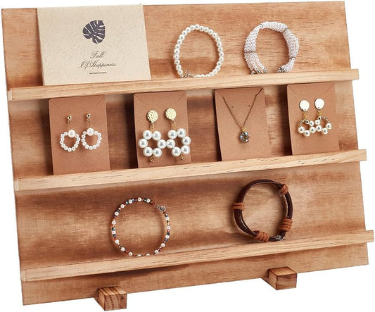PH PandaHall 3 Tier Earring Cards Stands, Wooden Jewelry Display Stand Rack Removable Shelves Rack, Earring Display Card Holder for Displaying Bookmarks Stickers Jewelry Keychains