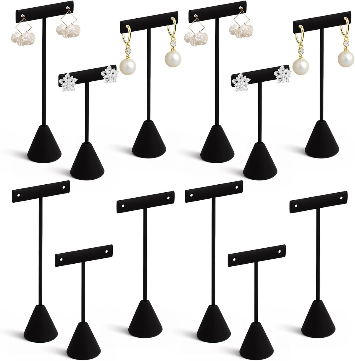 12 Pcs Black T-Bar Earring Display Stand with 3 different Heights, Metal Earring Holder with Stable Base and Velvet Cloth, for Countertop Selling Shows Stud Hoop
