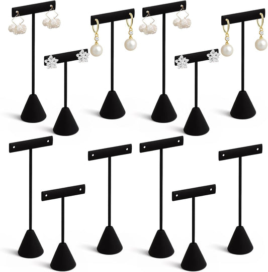 12 Pcs Black T-Bar Earring Display Stand with 3 different Heights, Metal Earring Holder with Stable Base and Velvet Cloth, for Countertop Selling Shows Stud Hoop