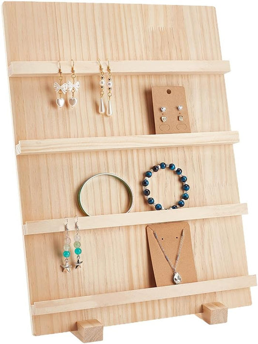 PH PandaHall 4-Tier Wooden Earring Display Stand, Retail Jewelry Display Riser Removable Showcase with Slots Rustic Earring Display Card Holder for Selling Craft Showing Exhibition Jewelry Storage