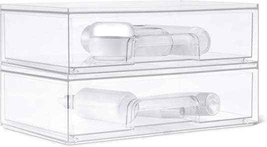Amazon Basics Stackable Plastic Storage Makeup Organizer Drawers, Clear, 12.1" x 7.6" x 3.5", 2 Pack