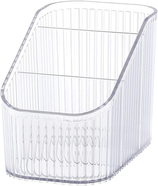 DASITON Large Capacity Makeup Brush Holder,3 Slot Makeup Brush Cup,Vintage striped Make Up Brush Holder,for Vanity Decor,Bathroom Countertops,Desk Storage Container,Cosmetic Display cases(Clear-S)