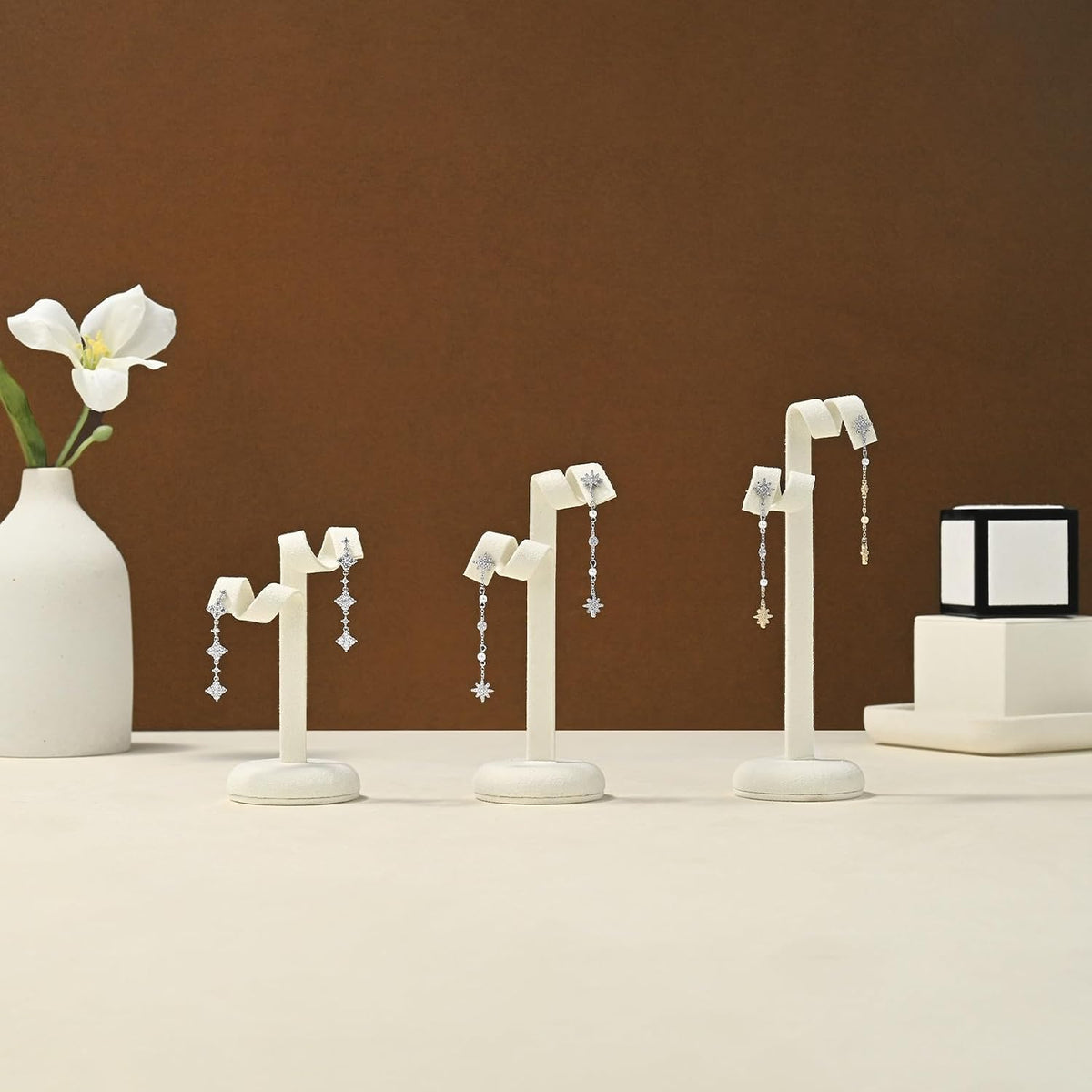 Beige Microfiber Earring Stand Set of 3