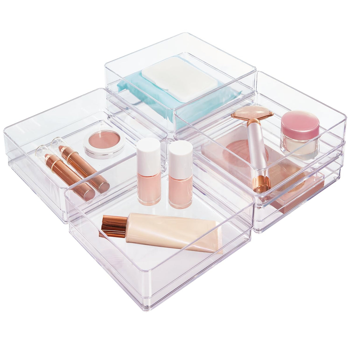 STORi SimpleSort 6-Piece Stackable Clear Drawer Organizer Set | 6" x 6" x 2" Square Trays | Small Makeup Vanity Storage Bins and Office Desk Drawer Dividers | Made in USA