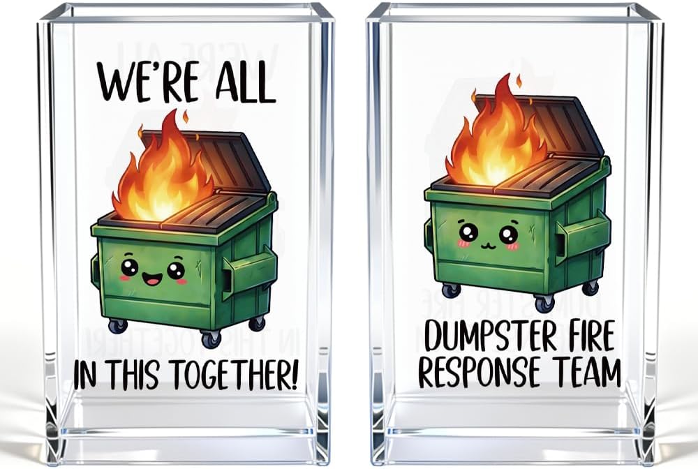 We're All In This Together Cute Office Pen Holder for Desk, Funny Dumpster Fire Response Team 2 Pack Acrylic Cosmetic Pencil Pen Post it Holder Cup, Office Gifts for Coworker, Team Gifts
