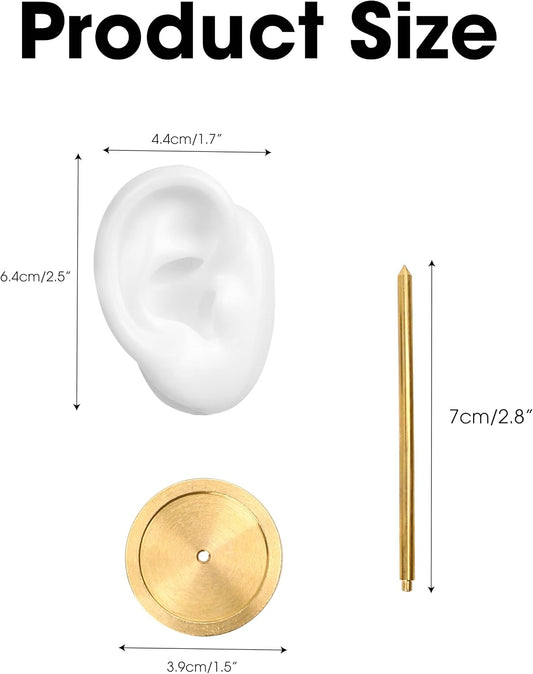 Ear Shaped Earring Display Stand, Piercing Stud Holder, Copper Round Base Silicone Body Mannequin Model Organizer, Navel Jewelry Rack for Girl Women Shows Birthday Wedding Decor (Left&Right, White)