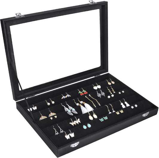 Siveit Earring Organizer Tray Velvet Earring Display Organizer Storage Box Premium 110 Slot 55 Pair Earring Display Organizer with Transparent Glass Cover Suitable for Women and Girls (Black)