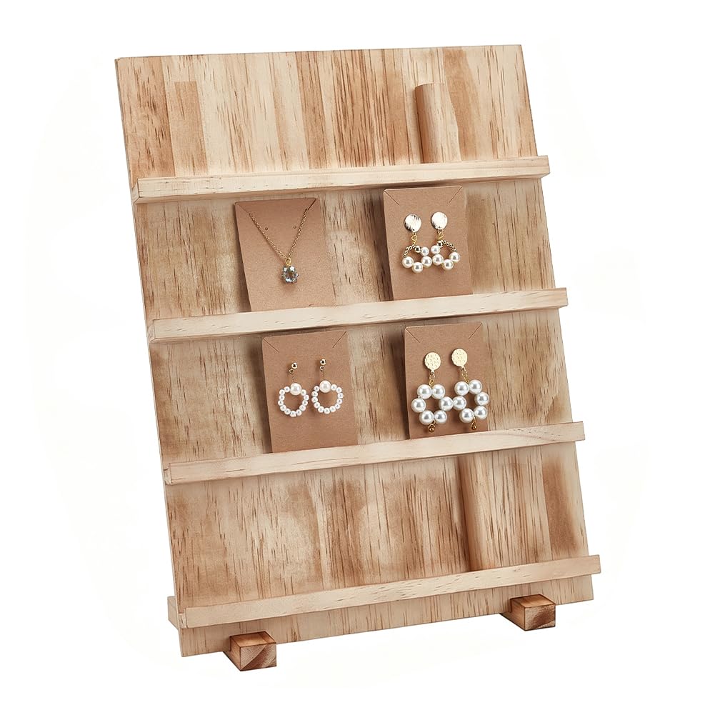 PH PandaHall 3 Tier Earring Cards Stands, Wooden Jewelry Display Stand Rack Removable Shelves Rack, Earring Display Card Holder for Displaying Bookmarks Stickers Jewelry Keychains