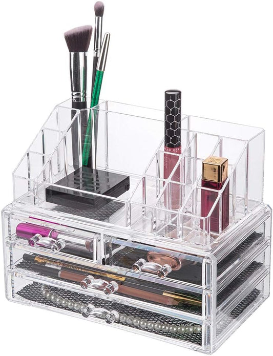 OnDisplay Cosmetic Makeup and Jewelry Storage Case Display - 4 Drawer Tiered Design - Perfect for Vanity, Bathroom Counter, or Dresser